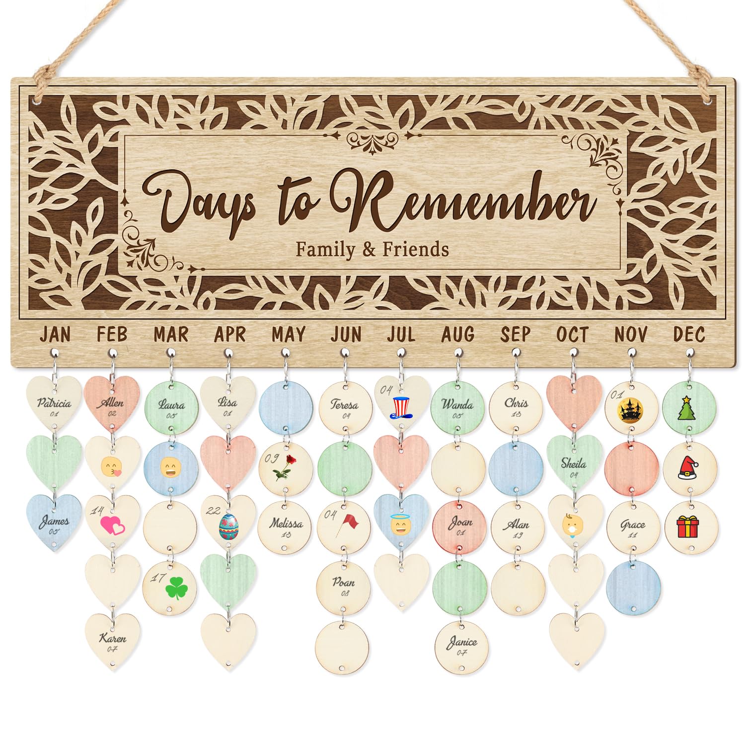 CHDITB 3D Days to Remember Birthday Calendar(16"x6"), Rustic Leaf Branch Family Tree Birthday Reminder Tracker Wall Hanging, Brown Family Birthday Chart Broad with 100 Tags for Grandma Mom Gift-image-9