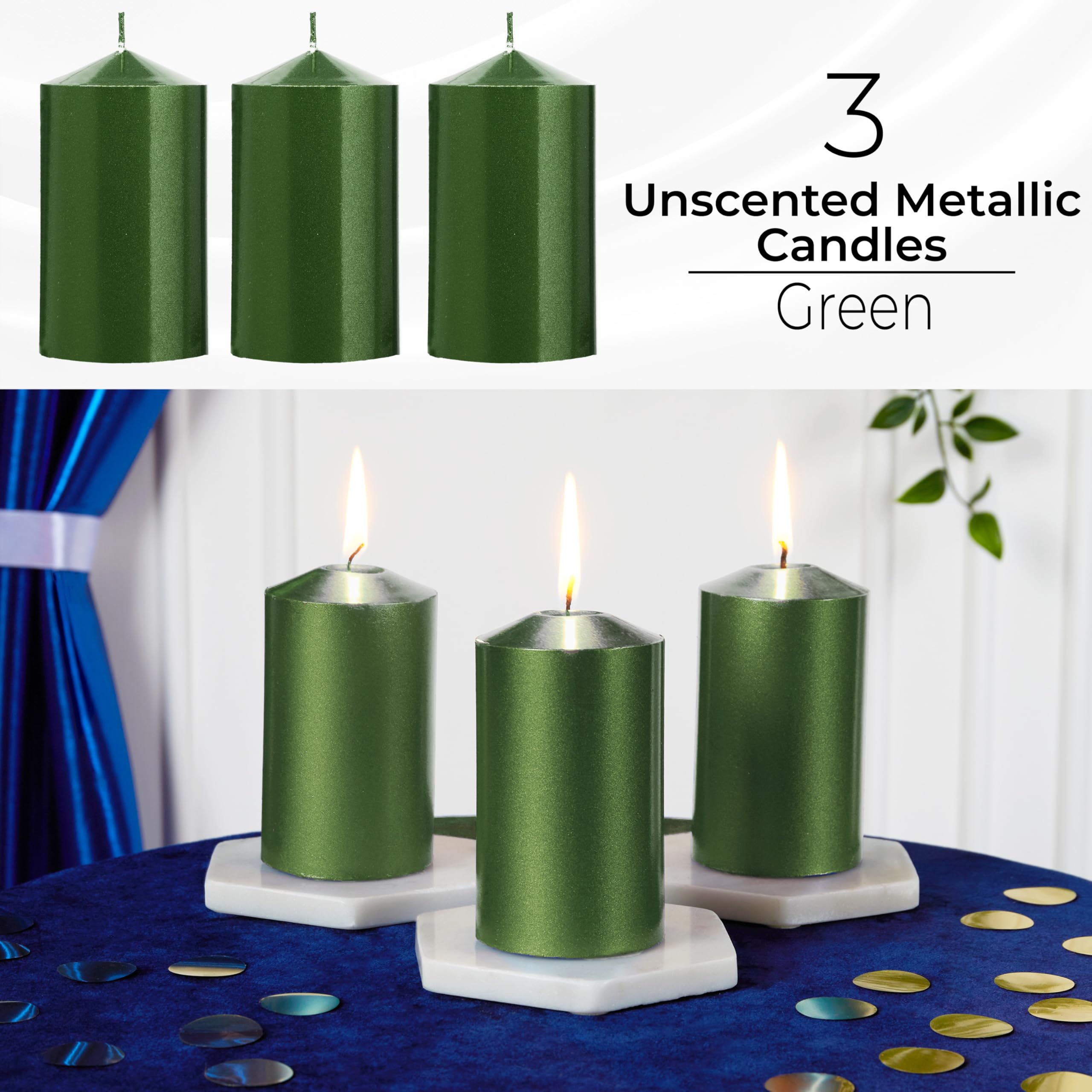 DECO EXPRESS Metallic Stumpenkerzen Set, 3er-Pack, Kerzen Lange Brenndauer, 30 Stunden, Geruchslos (Metallic Grün - 3er-Pack) (Packung mit 2)