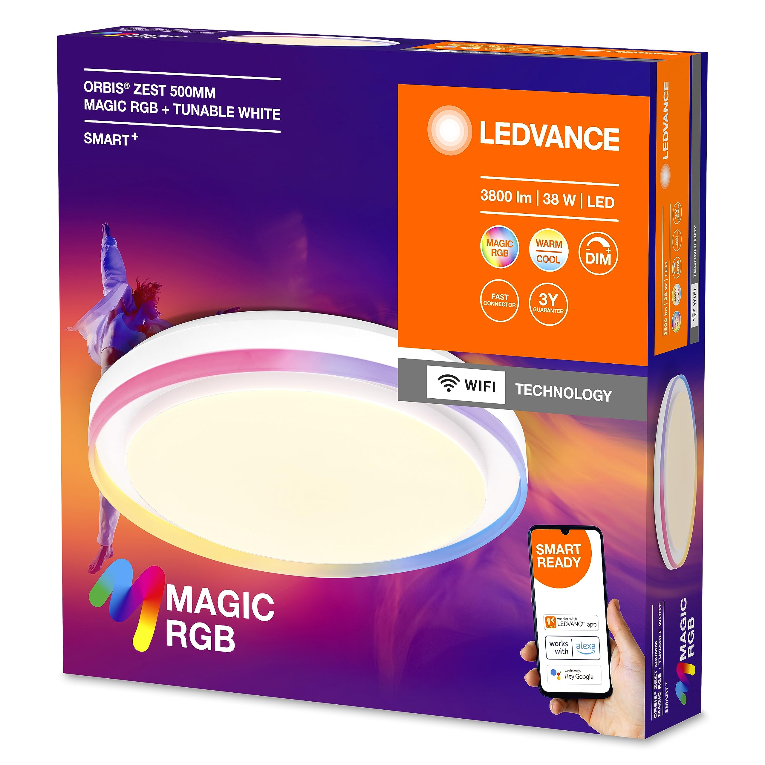 LEDVANCE SMART + WIFI LED Deckenleuchte, weiß, 32W, 3400lm, Weißlichtfunktion, dimmbar, dynamischer Magic-RGB Lichteffekt, lange Lebensdauer, einfache Montage, App-steuerbar, 2700-6500K