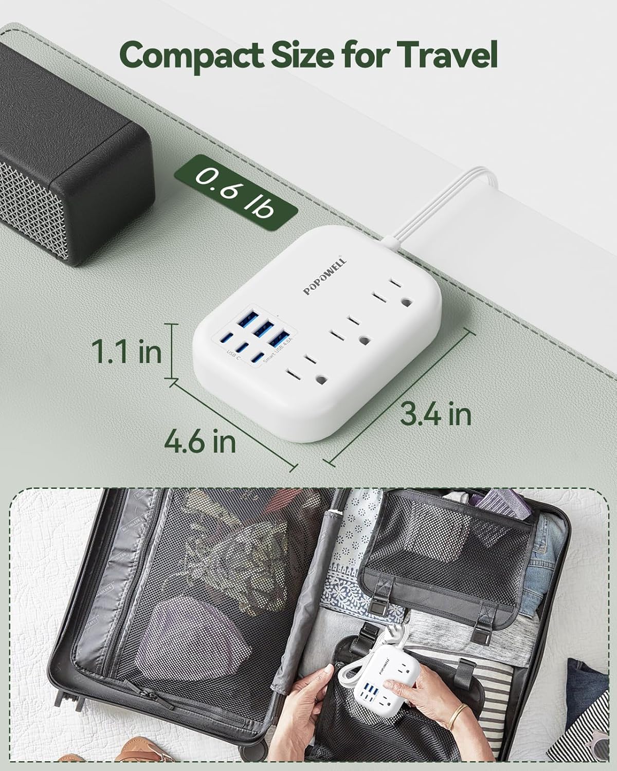 3 FT White Extension Cord, Small Flat Plug Power Strip with 6 USB Wall Charger (4.8A 24W), 3 Prong Mini Charging Station, Short Outlet Extender with 3 Outlets for Indoor Office Home Cruise Essential.