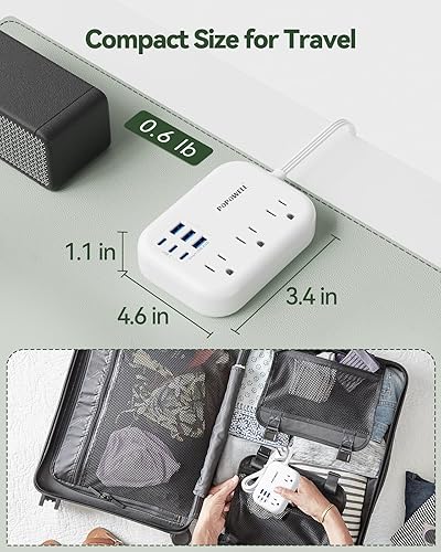 Miniatura 5 de Cable de extensión blanco de 3 pies, tira de alimentación de enchufe plano pequeño con 6 cargadores de pared USB (4.8 A 24 W), mini estación de