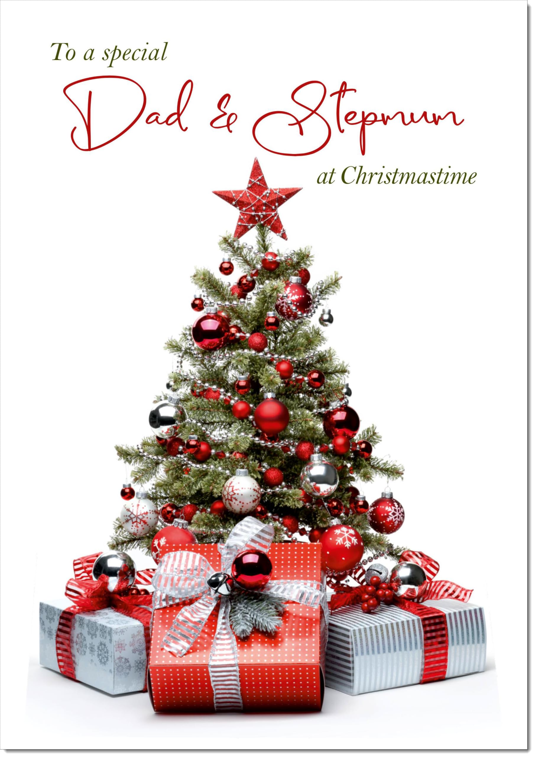doodlecards Dad and Stepmum Christmas Card Christmas Tree and Parcels Large A4 Size Christmas Card for Dad & Stepmum with Plain Envelope