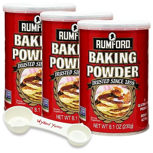 Paquete de polvo de hornear sin aluminio para cocinar con (3) recipientes de 8.1 onzas de polvo de hornear Rumford y una (1) cuchara medidora todo