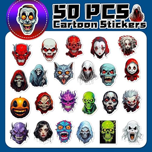 Miniatura 7 de Paquete de 50 calcomanías góticas geniales. Calcomanías de calavera de terror de Halloween para adultos, niñas, adolescentes y hombres. Calcomanías