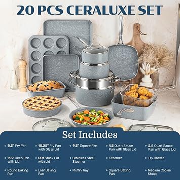 Granitestone Ceraluxe 20 Pc Ceramic Cookware Set Nonstick, Complete Pots and Pans Set Non Stick with 5 Pc Bakeware Set, Deep Frying Pan Set, Steamer, Non Toxic PFOA Free, Oven & Dishwasher Safe