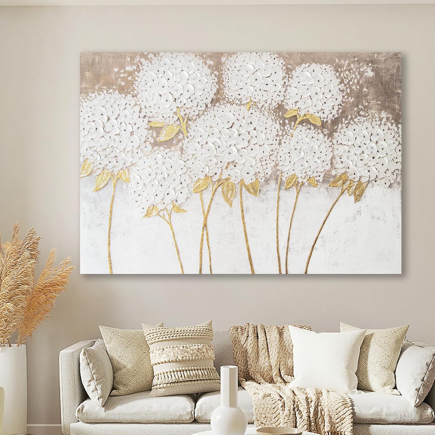 JolyWell Large hand painted wall art White Hydrangea Canvas Wall decor, Modern Floral Wall Decor, 3D Textured Oil Painting, Large Canvas Wall Art for Living Room Bedroom Office Decoration 40x28 Inch