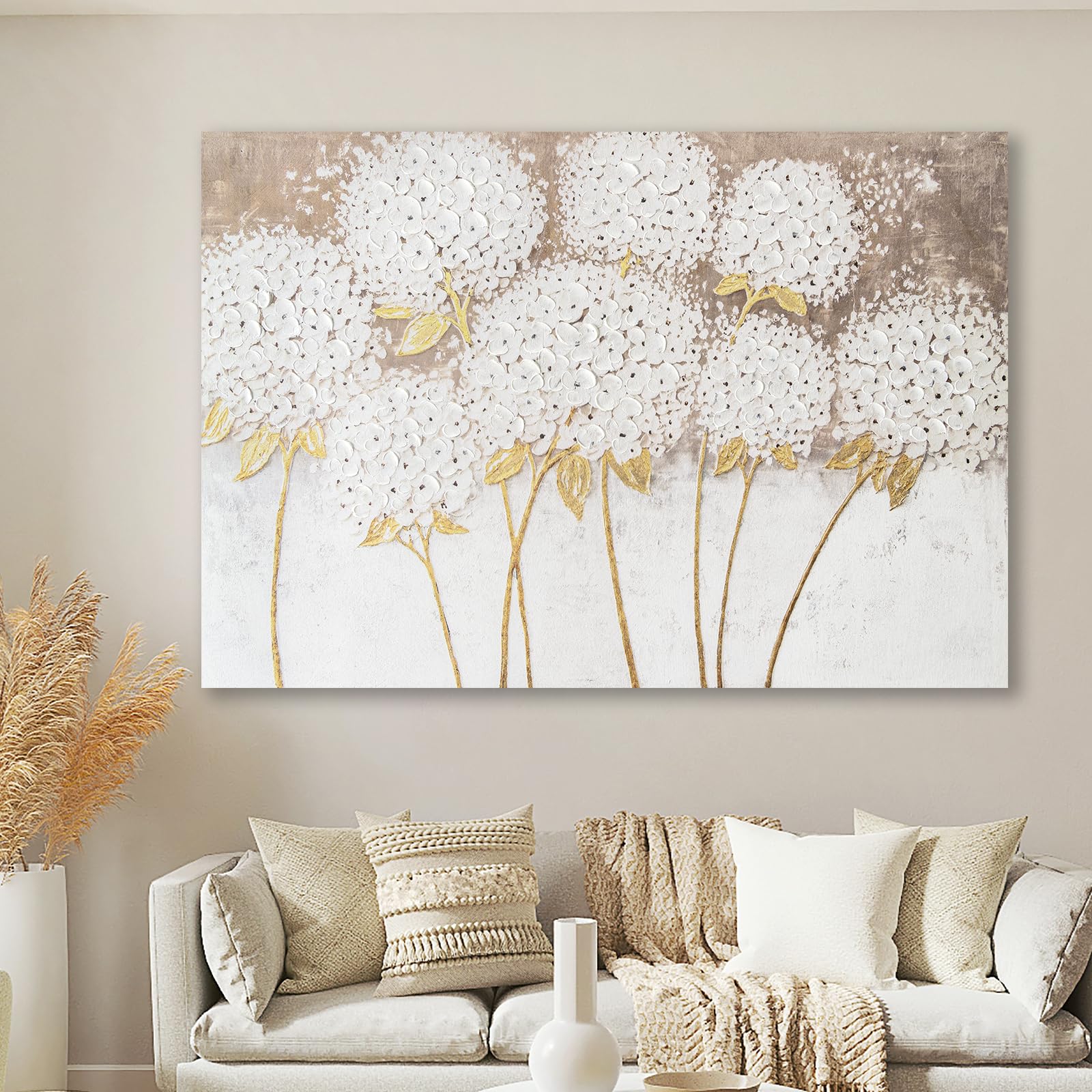 JolyWell Large hand painted wall art White Hydrangea Canvas Wall decor, Modern Floral Wall Decor, 3D Textured Oil Painting, Large Canvas Wall Art for Living Room Bedroom Office Decoration 40x28 Inch