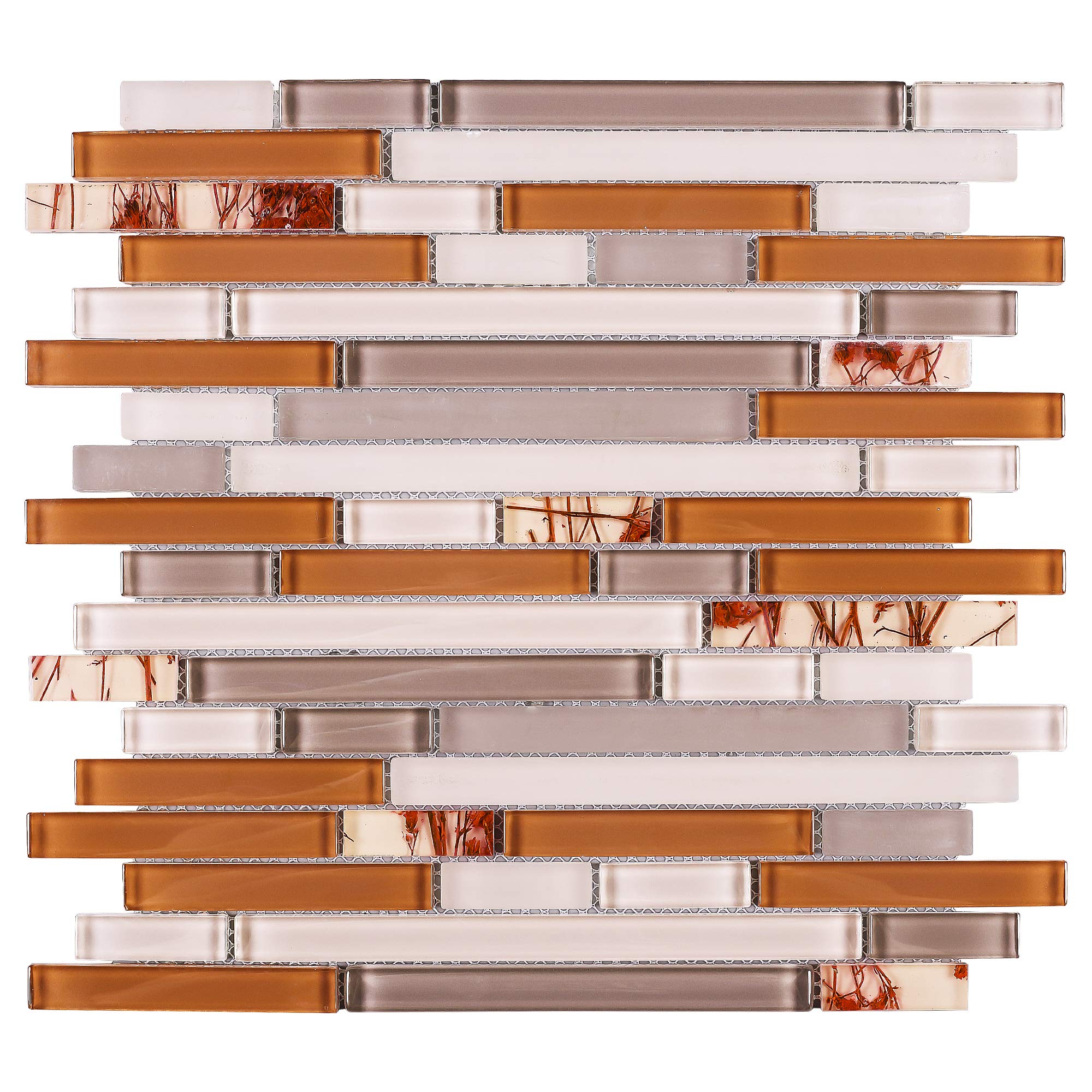 TNLQG-03 Orange Beige Glass Stripe Floral Mosaic Tile-Kitchen and Bath backsplash Wall Tile (1 Sheet)