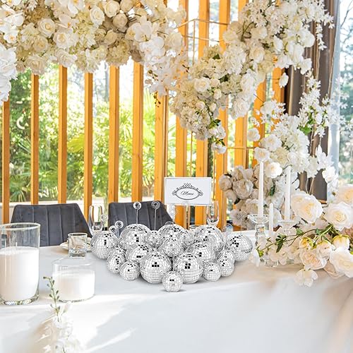 Miniatura 5 de Maitys 60 piezas de soporte para números de mesa de bola de discoteca con alambre en espiral y tarjetas de lugar, decoración de mesa, soporte de