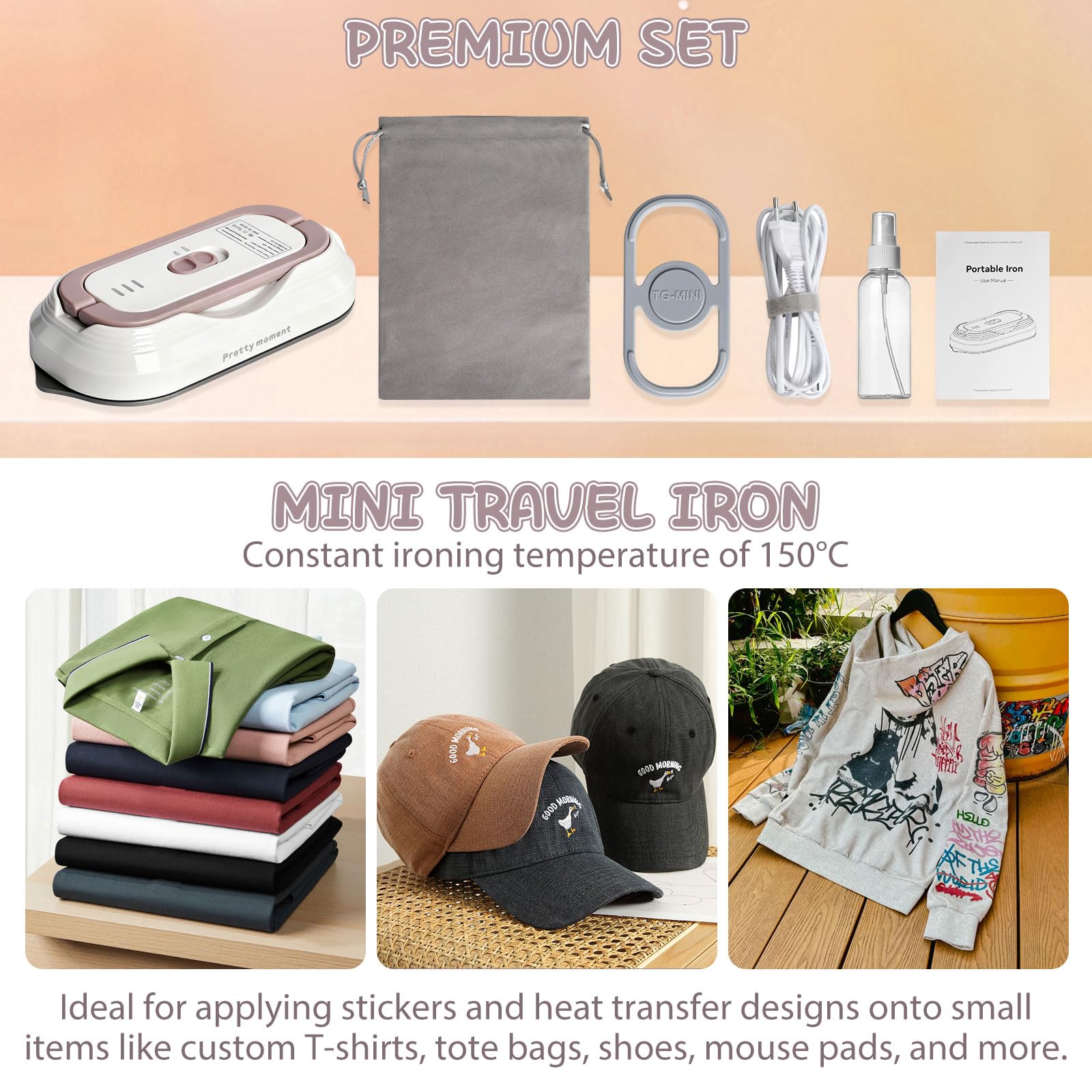 Mini Tragbares Reisebügeleisen mit Universalspannung 100-240V, Klein Bügeleisen Handgerät Kein Dampf, Keramikfläche, 150 °C Heißpress mit Sprühflasche, Beutel und Silikonständer