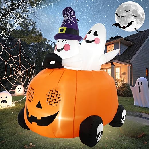 4FT Halloween Decorations Outdoor Inflatable White Ghost Pumpkin Car Cute Blow Up Yard with Built-in LED Lights for Holiday Party Indoor Outside Home Lawn Garden Patio Decor