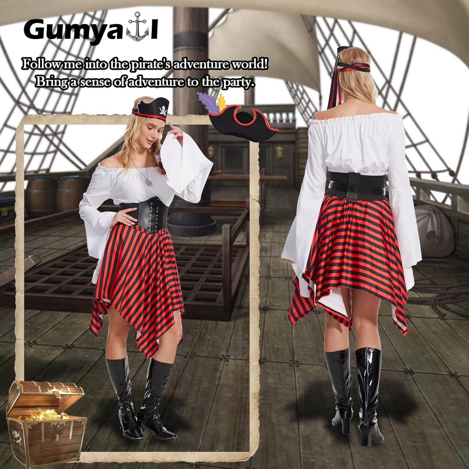 7 Pcs Women Pirate Costume Renaissance Shirt Medieval Dress with Compass Necklace Medieval Pirate Set - Image 4