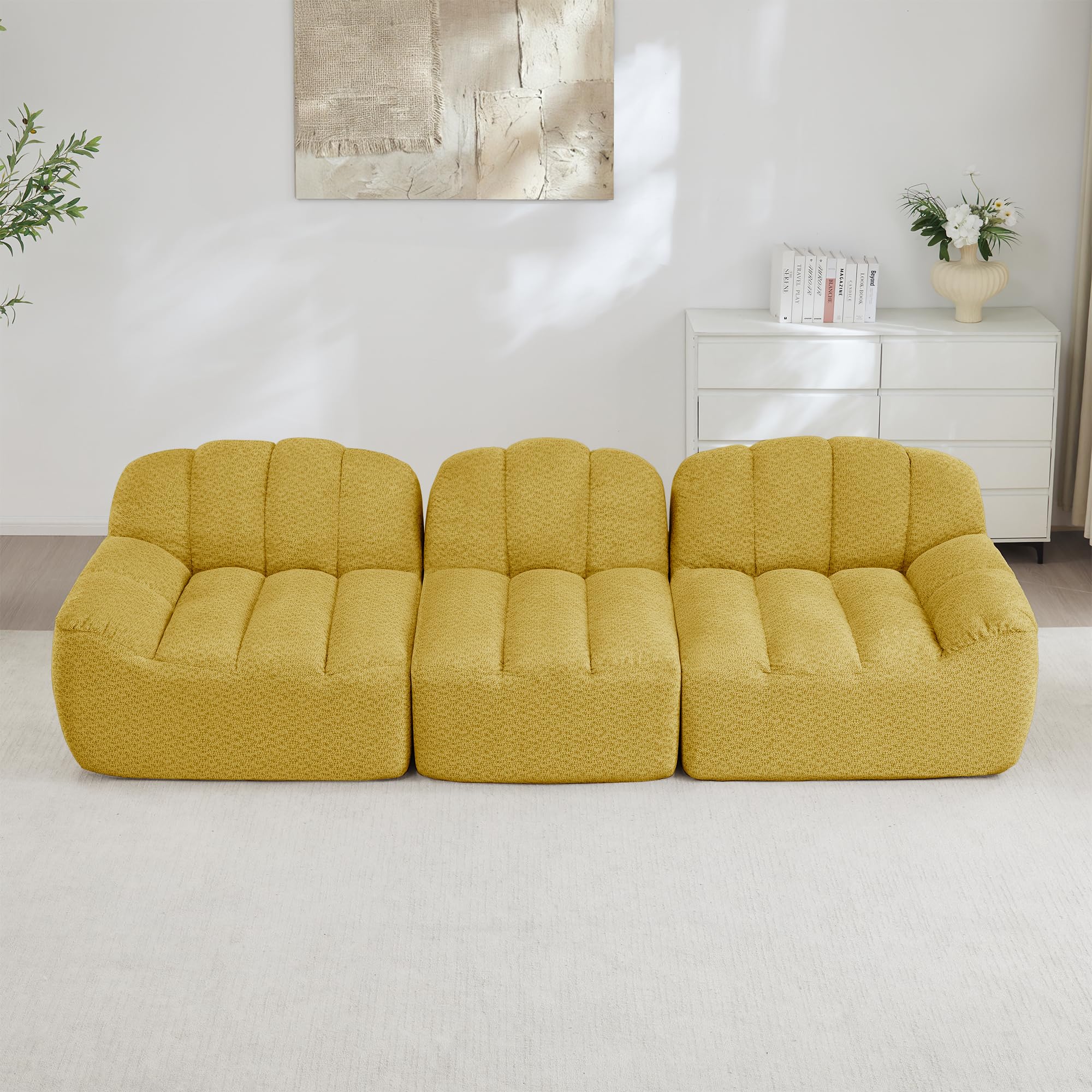 Sofá modular de 3 plazas amarillo de espuma de alta densidad 32D y asiento profundo