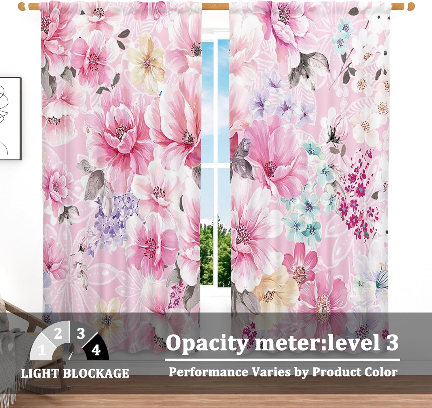 Renaiss 42 x 63 Inch Pink Floral Bedroom Curtains with Rod Pocket Linen Texture Peony Spring Flower Light Filter Window Curtain Living Room Cafe Window Treatment Farmhouse Dining Room 2 Panels