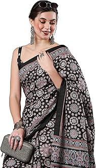 AKHILAM Women's Ajrak Block Print Dola Silk Saree With Unstitched Blouse Piece