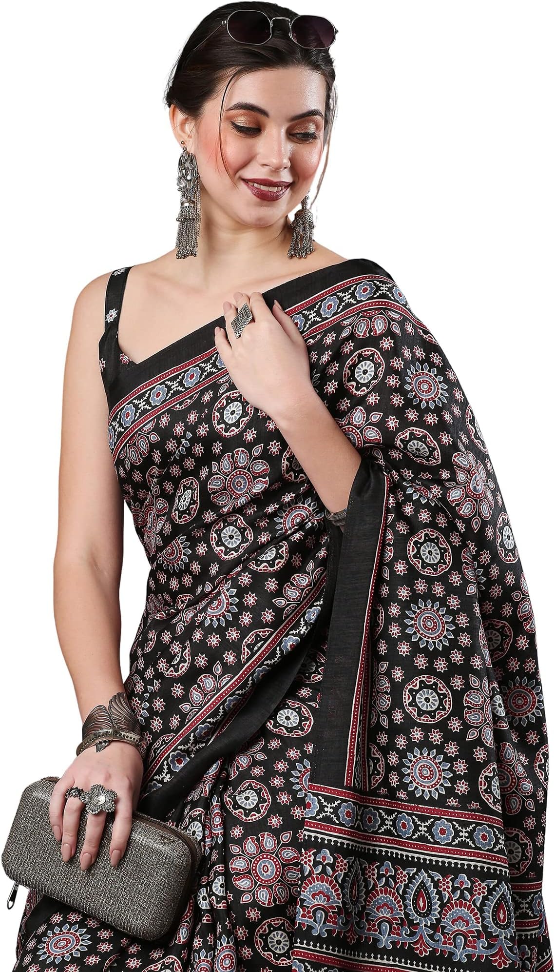 Women's Ajrak Block Print Dola Silk Saree With Unstitched Blouse Piece