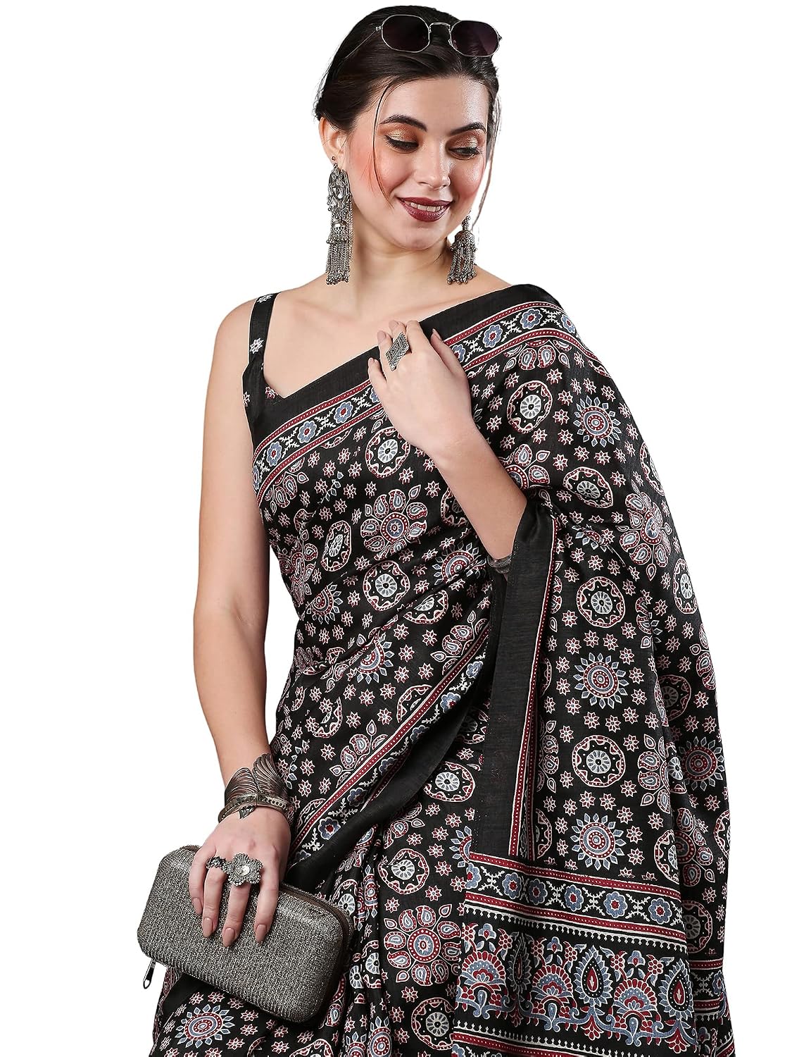 AKHILAM Women's Ajrak Block Print Dola Silk Saree With Unstitched Blouse Piece - Review, Price and Buying Guide