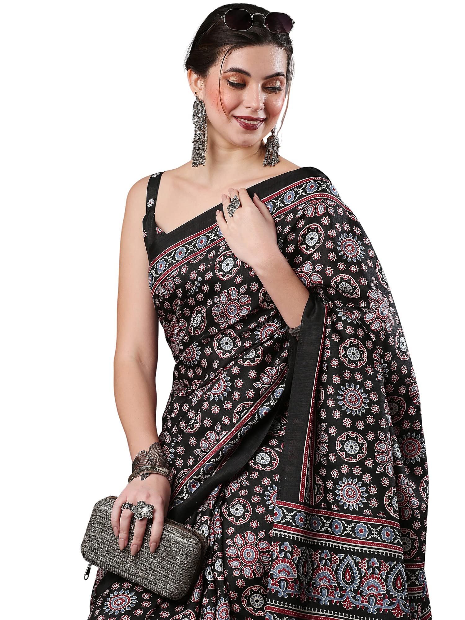 SAREE MALLWomen's Ajrak Block Print Dola Silk Saree With Unstitched Blouse Piece