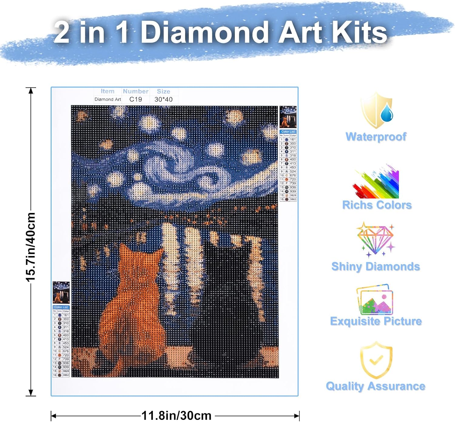 Chailotey Cat Diamond Art Painting Kits for Adults, 2 Pack Starry Night 5d Diamond Painting for Beginners, Full Drill Round Diamond Art Crafts with Animal for Home Wall Decor 12 x 16 Inch