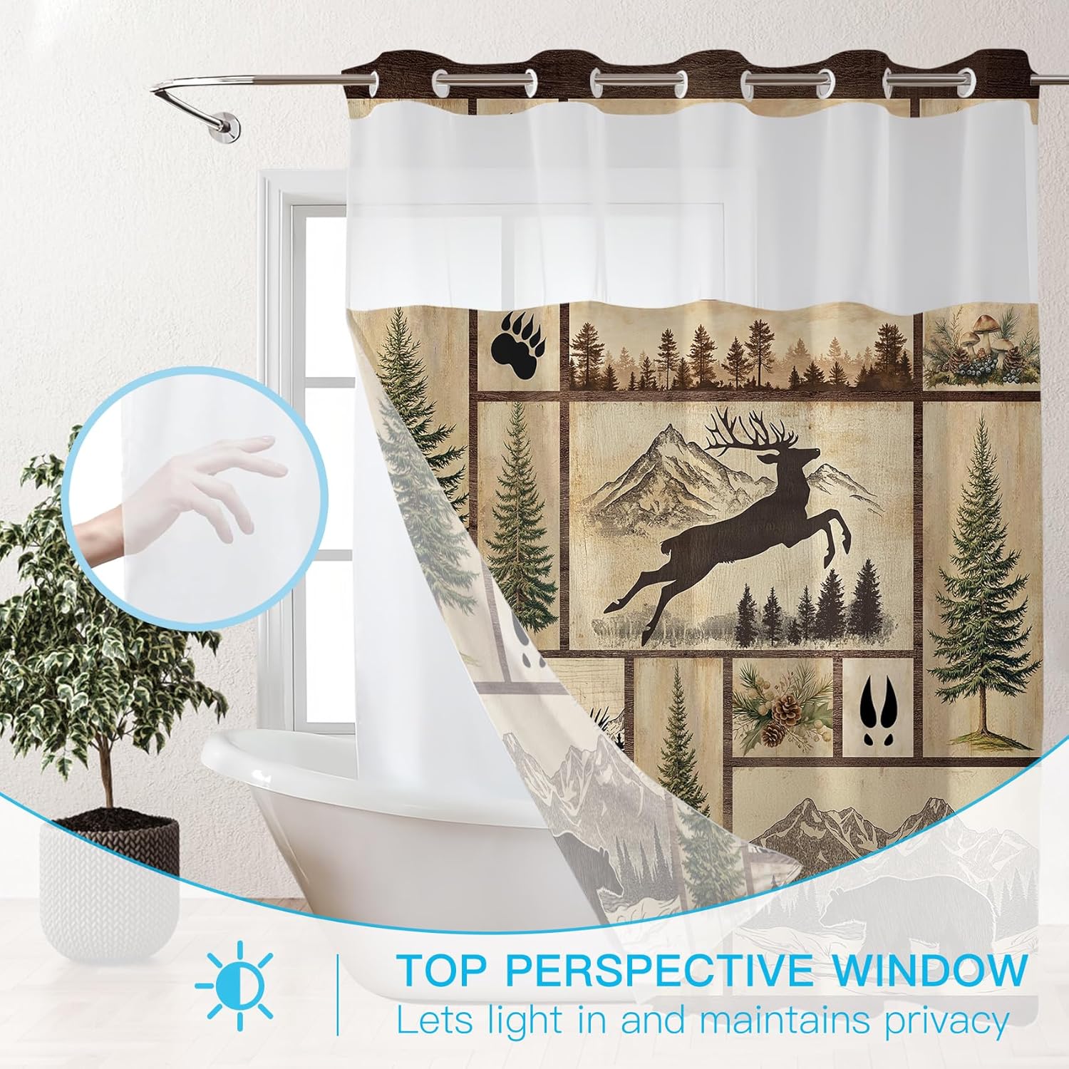 Rustic Forest Cabin Hookless Shower Curtain with Snap in Liner Wild Animal Deer Bear Mushroom and Mountain No Hook Shower Curtain and Liner Set for Bathroom Decor, 71W X 74L inches