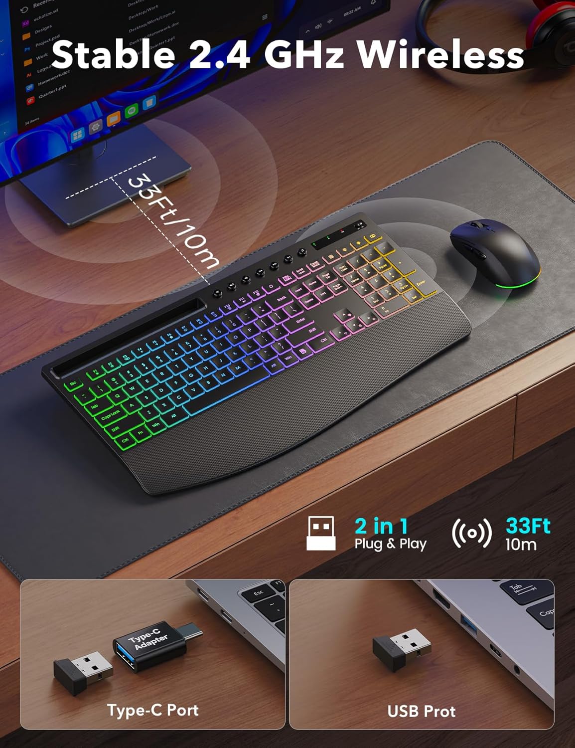 Trueque Wireless Keyboard and Mouse Combo, 4000mAh Rechargeable Backlit Keyboard with Wrist Rest & Phone Holder, Full Size Quiet Typing, 2.4G USB-A/Type-C for PC, Laptop, Windows, Chrome OS (Black) - Image 6