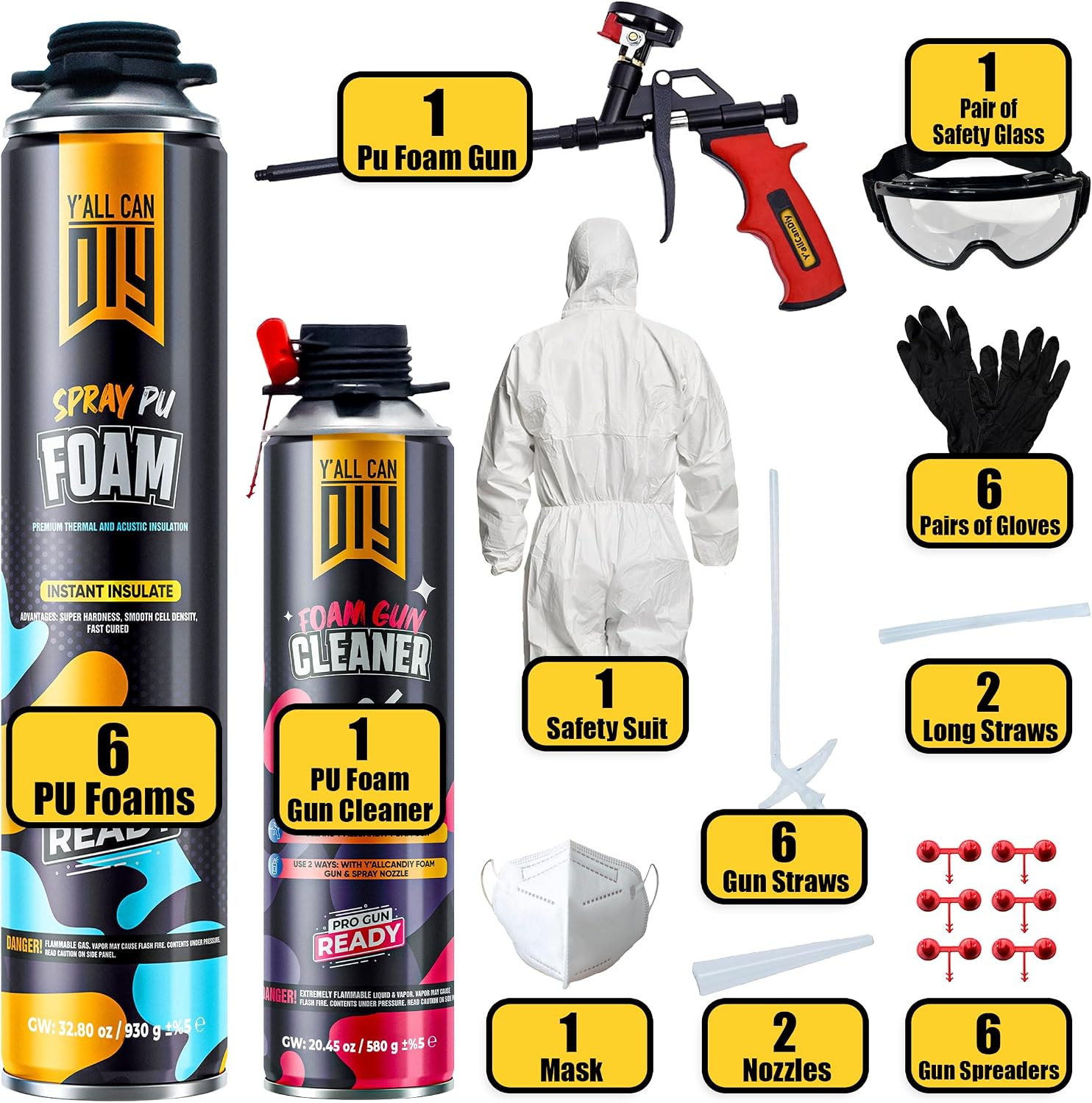 Spray Foam Insulation Kit for Walls & Attic -6 Pack Foam Insulation Spray - 120 Board ft/sq.ft. Heat & Sound Control, Energy Saving, Seal Gaps & Cracks Complete Kit with 1 Gun, Cleaner & Safety Gear