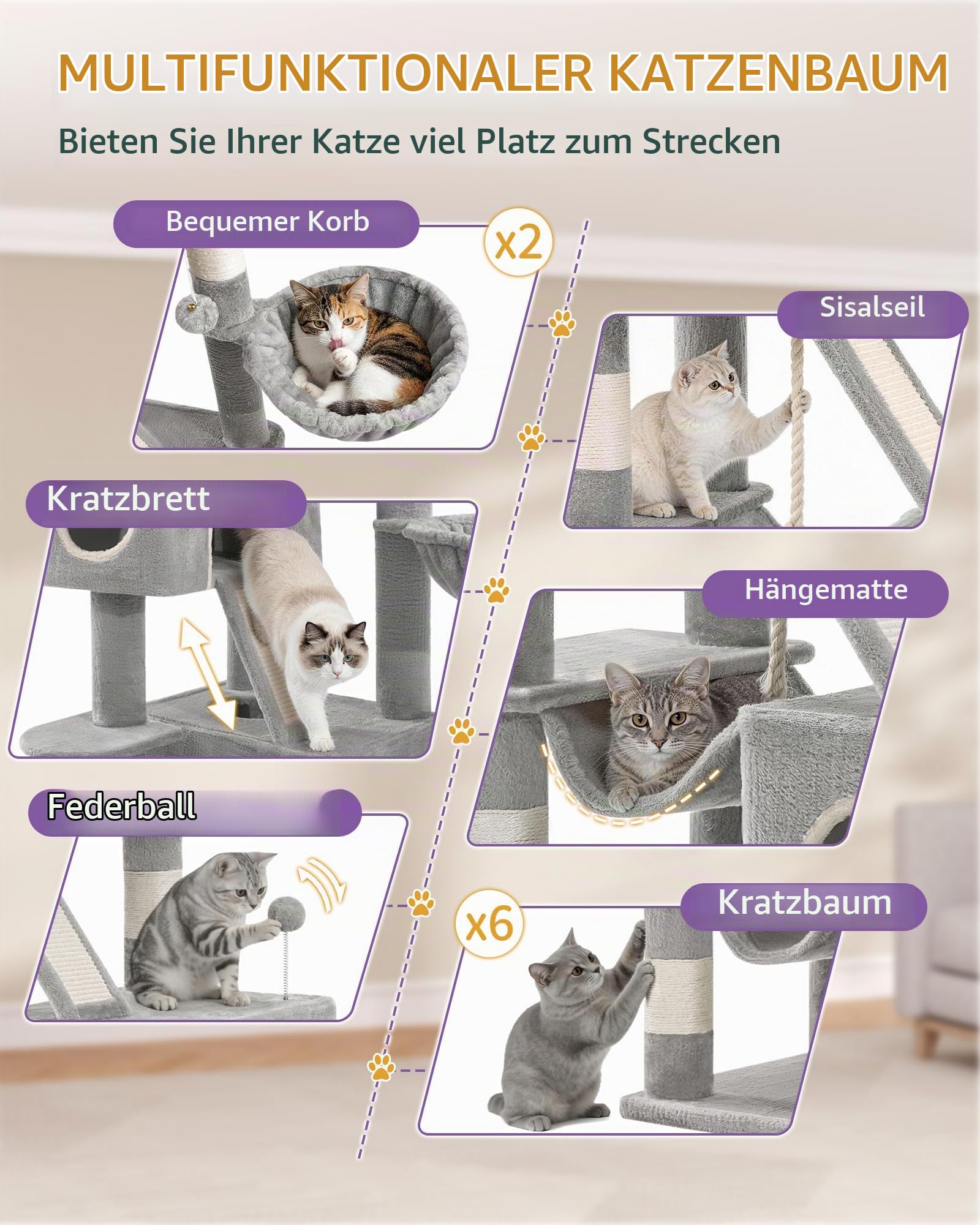 Hzuaneri Kratzbaum Groß, 209 cm Hoch, XXL, mit 7 Kratzsäulen, 3 Höhlen, 2 Plattformen, 2 Kratzbrett, Katzenkorb, Hängematte, Plüschball, Mehrstufigem Katzenbaum, Hellgrau MS20918LG