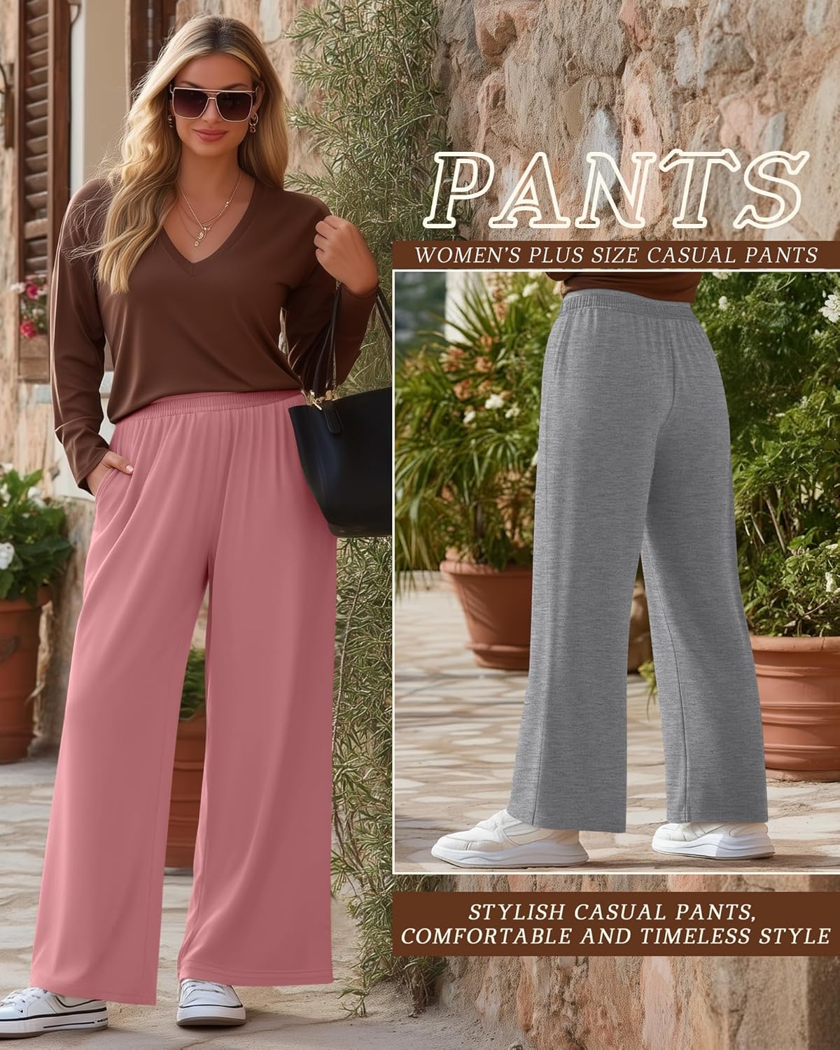 3 Pack Women's Plus Size Wide Leg Pants Baggy Yoga Pajama Pants Elastic Waist Casual Lounge Trousers with Pockets - Image 4