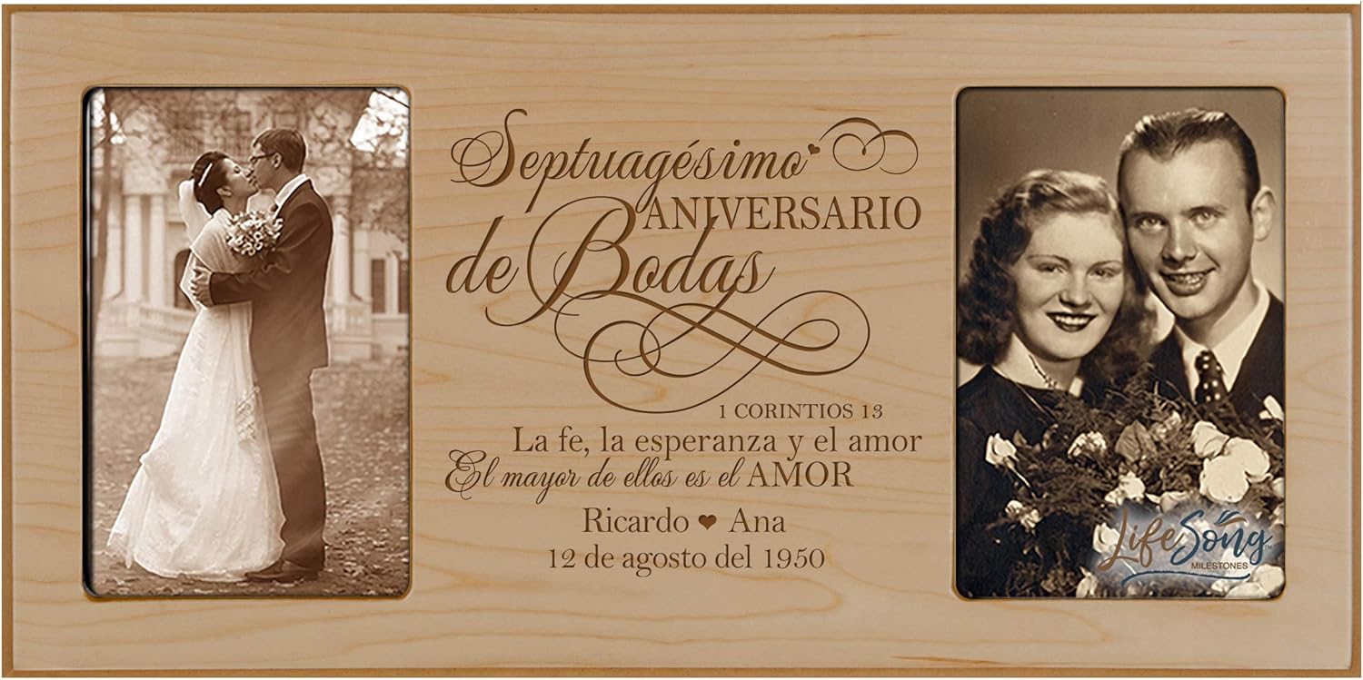 LifeSong Milestones Personalized 70th Anniversary Picture Frame Marriage Keepsake Gift with Spanish Verse - Seventy Years Wedding Gift for Parents Husband Wife Him Her Holds 2-4x6 Photo (Maple)