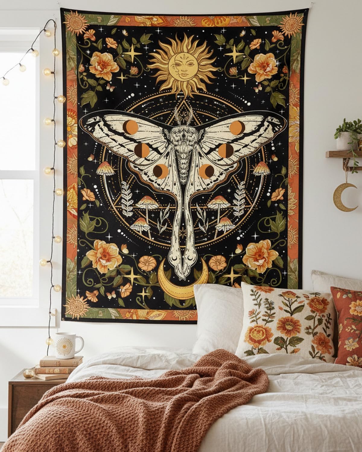 Aipon Orange Moth Tapestry Boho Retro Floral Flowers Tapestries Aesthetic Vintage Mushroom Tapestries for Bedroom Indie Small Tapestry Wall Hanging for Living Room Dorm (30'' × 40'', Orange)