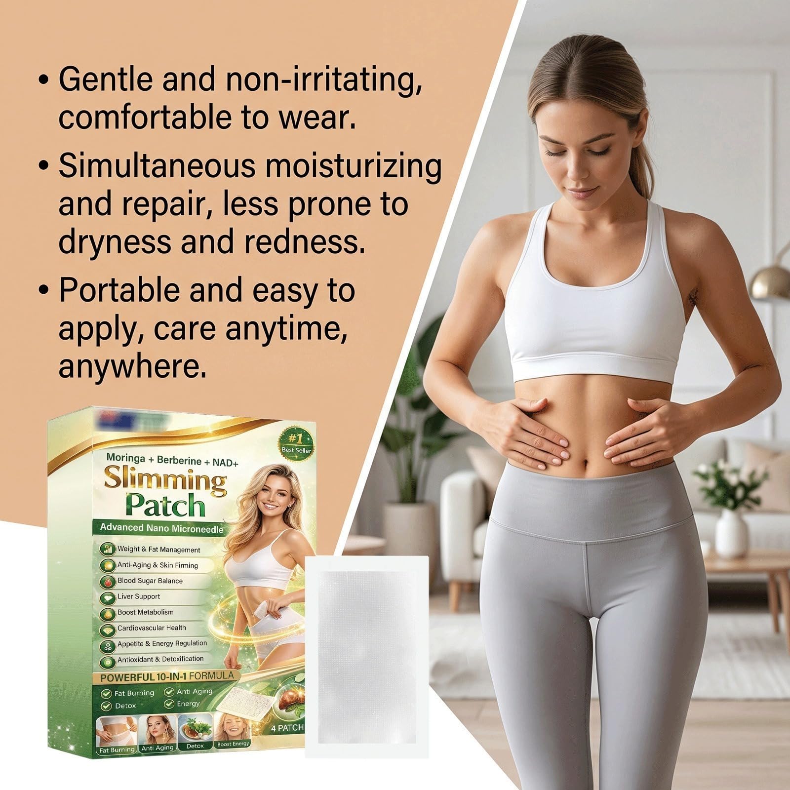 Plaster wyszczuplający brzuch Moringa 10 w 1, plaster wyszczuplający z naturalnymi składnikami, dla kobiet i mężczyzn