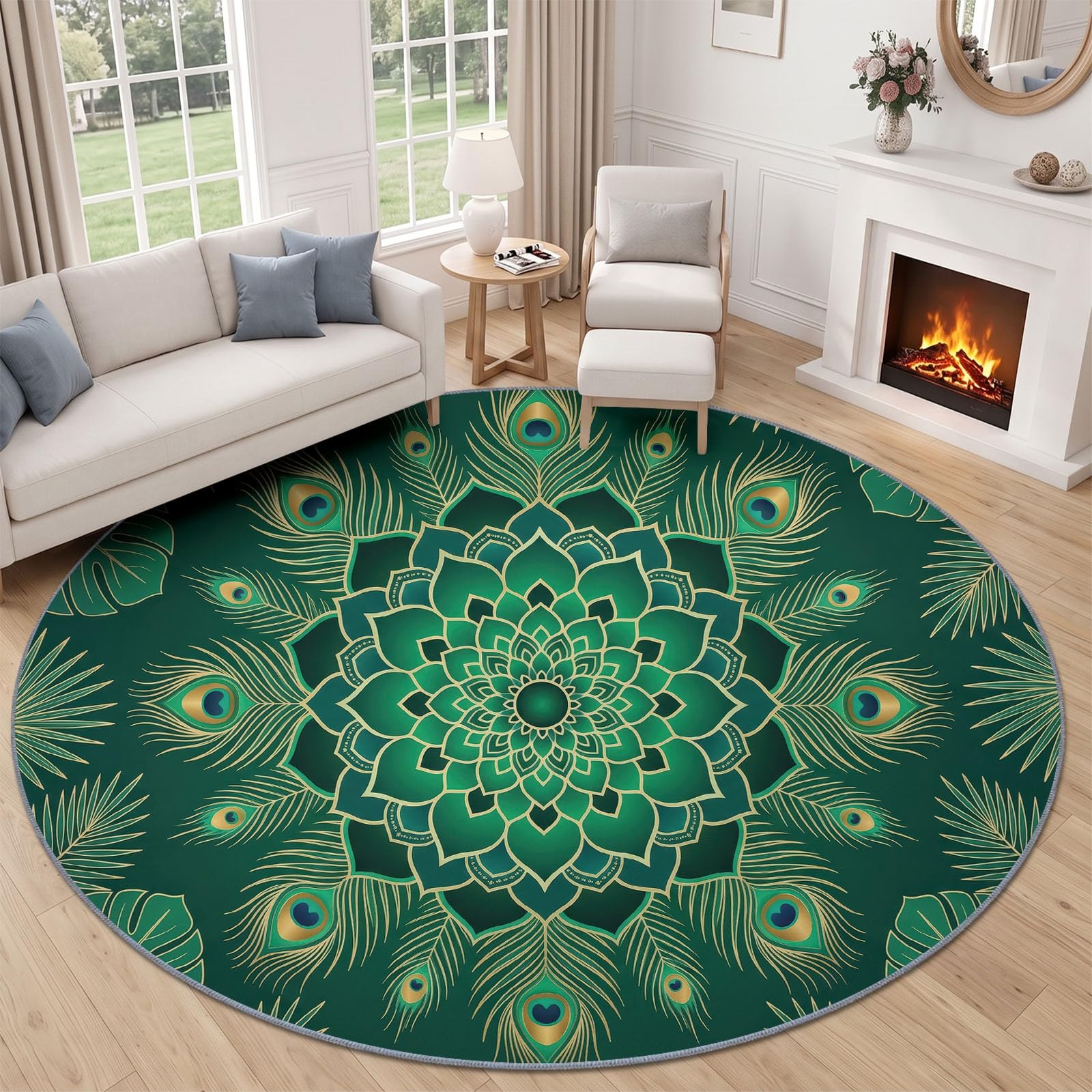 Mandala Tapis Rond Salon 150 cm, Plantes Tropicales Feuilles De Palmier Plumes De Paon Antidérapant Poils Courts Tapis De Sol Ronds Décoration, pour Salon Chambre Cuisine Balcon Terrasse, Vert