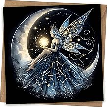 Fairy Moon Greeting Cards - Beautiful Fantasy Black Sparkly Womens Female Birthday Card & Kraft Envelope