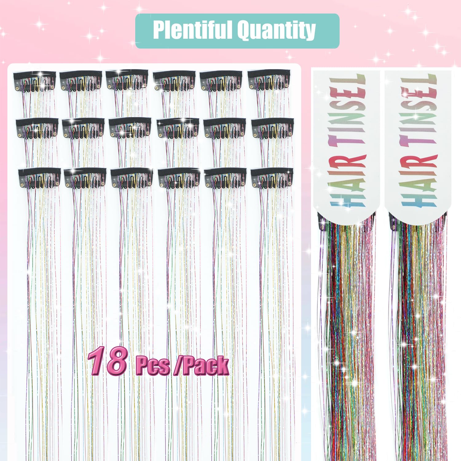 Kit de 18 piezas de oropel con clip, extensiones de cabello de oropel con purpurina de 20 pulgadas, accesorios para el cabello brillante de hada de oropel para mujeres y niñas (colorido) 2