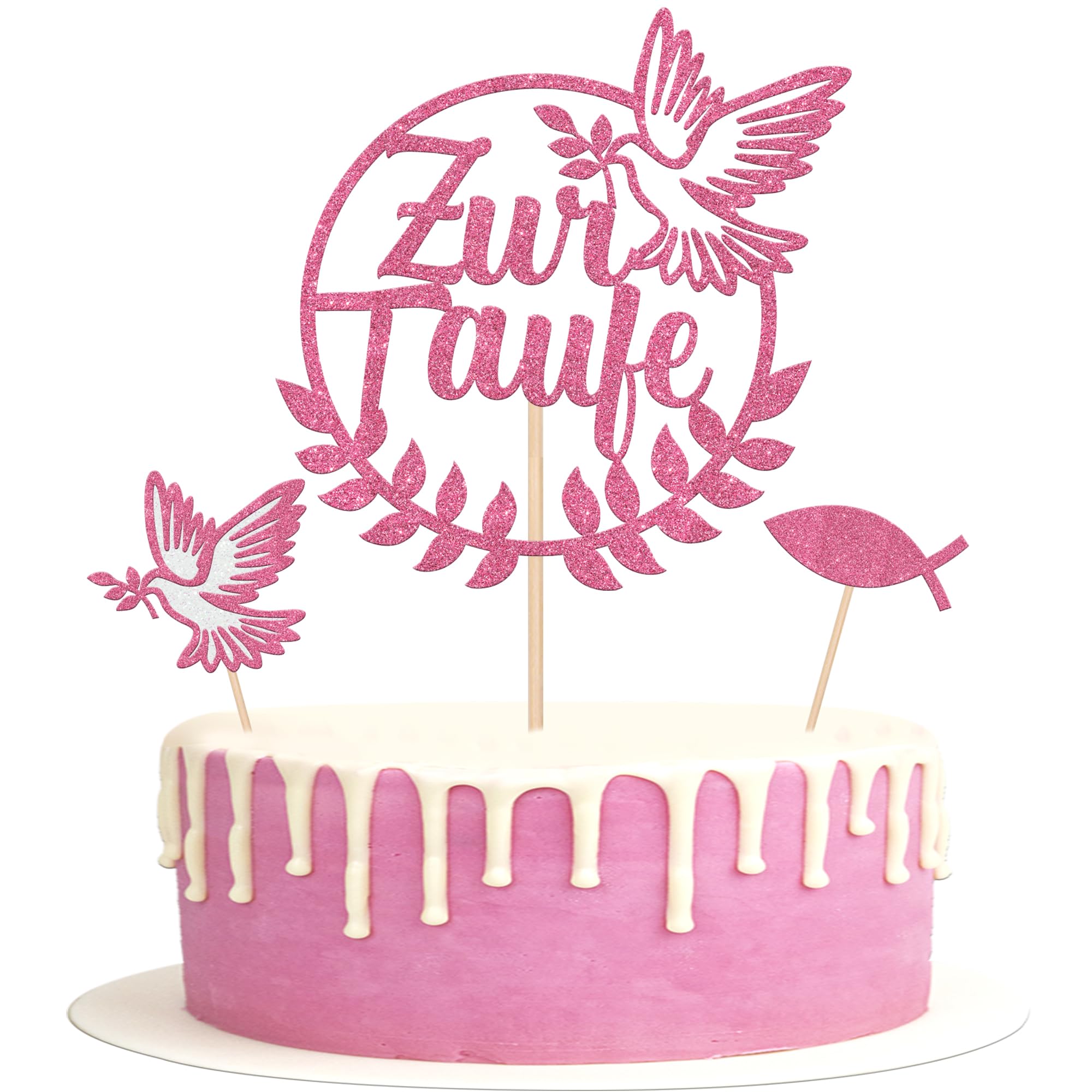 13 Stück Glitzer Zur Tuafe Tortendeko Erste Heilige Kommunion Kuchen Deko Fisch Friedenstaube Cupcake Toppers für Mine Taufe Thema Baby Dusche Geburtstag Party Kuchen Dekorationen Rosa
