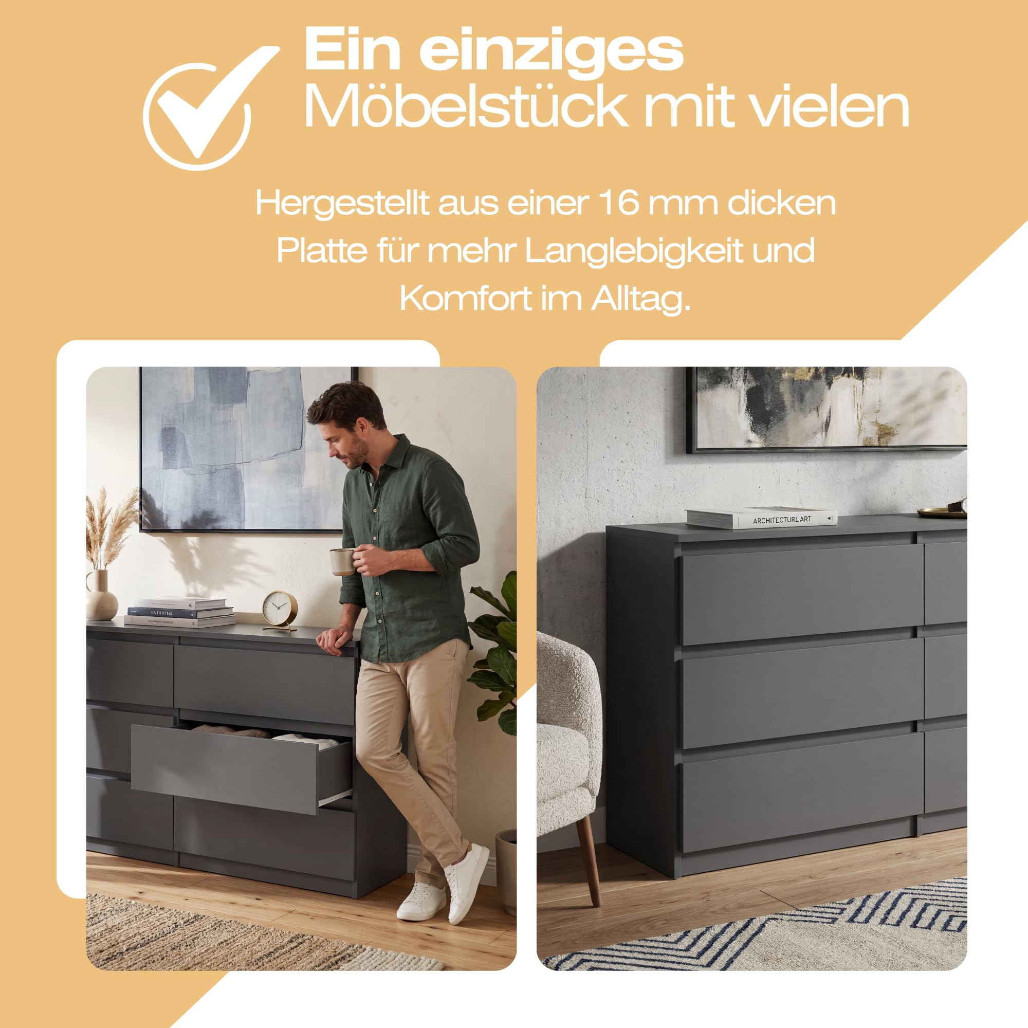 Kommode mit 6 Schubladen 120 cm Ideal für Wohnzimmer, Schlafzimmer, Kinderzimmer, Jugendzimmer und Büro Moderne Elegante Lösung für stilvolle Aufbewahrung (Anthrazit)