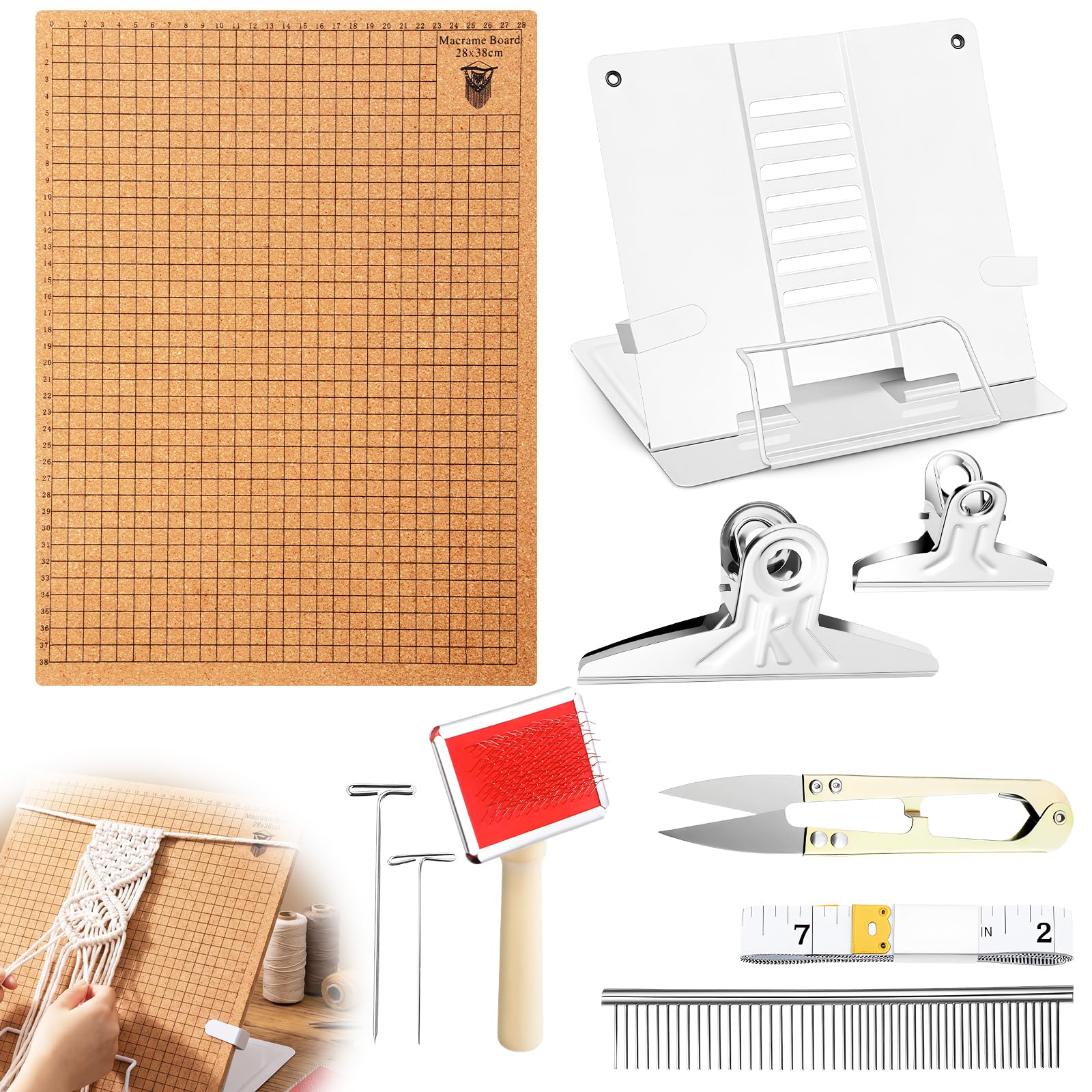 Photo 1 of 108 Pcs Complete Macrame Kit with 8.3 x 6.5 Inch Double-Sided Grid Board, Adjustable Metal Stand, 100 T-Pins, Scissors, Brushes & Ruler - Professional Macrame Supplies for DIY Crafting