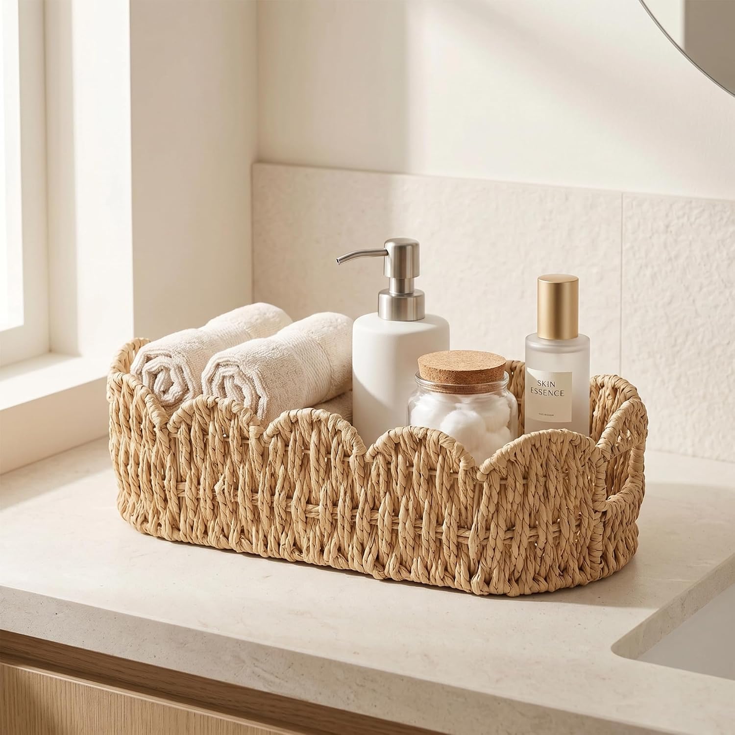 Scalloped Basket for Toilet Tank Top, Back of Toilet Storage | Handwoven Paper Rope in a Slim 15.35in Fit — Holds Toilet Paper Rolls, Tissue, and Toiletries for a Farmhouse Boho Bathroom