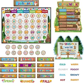 Tenare 169 Pcs Classroom Calendar Bulletin Board Set, Calendar Seasons Weather Chart Bulletin Board and Classroom Display with Stickers for Bedroom Wall DecorationWatercolor Woodland Animals Style