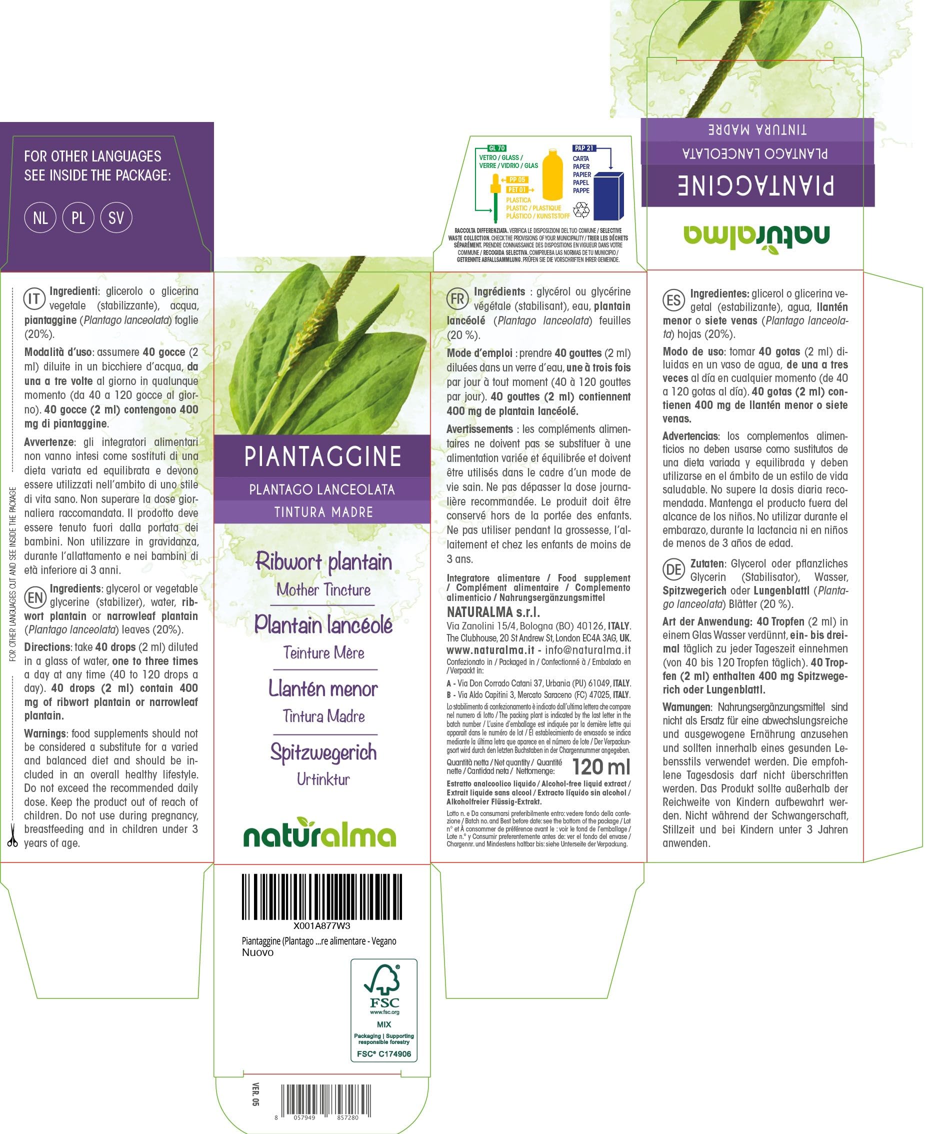 Llantén menor o Siete venas (Plantago lanceolata) hojas Tintura Madre sin alcohol Naturalma - Extracto líquido gotas 120 ml - Complemento alimenticio - Vegano