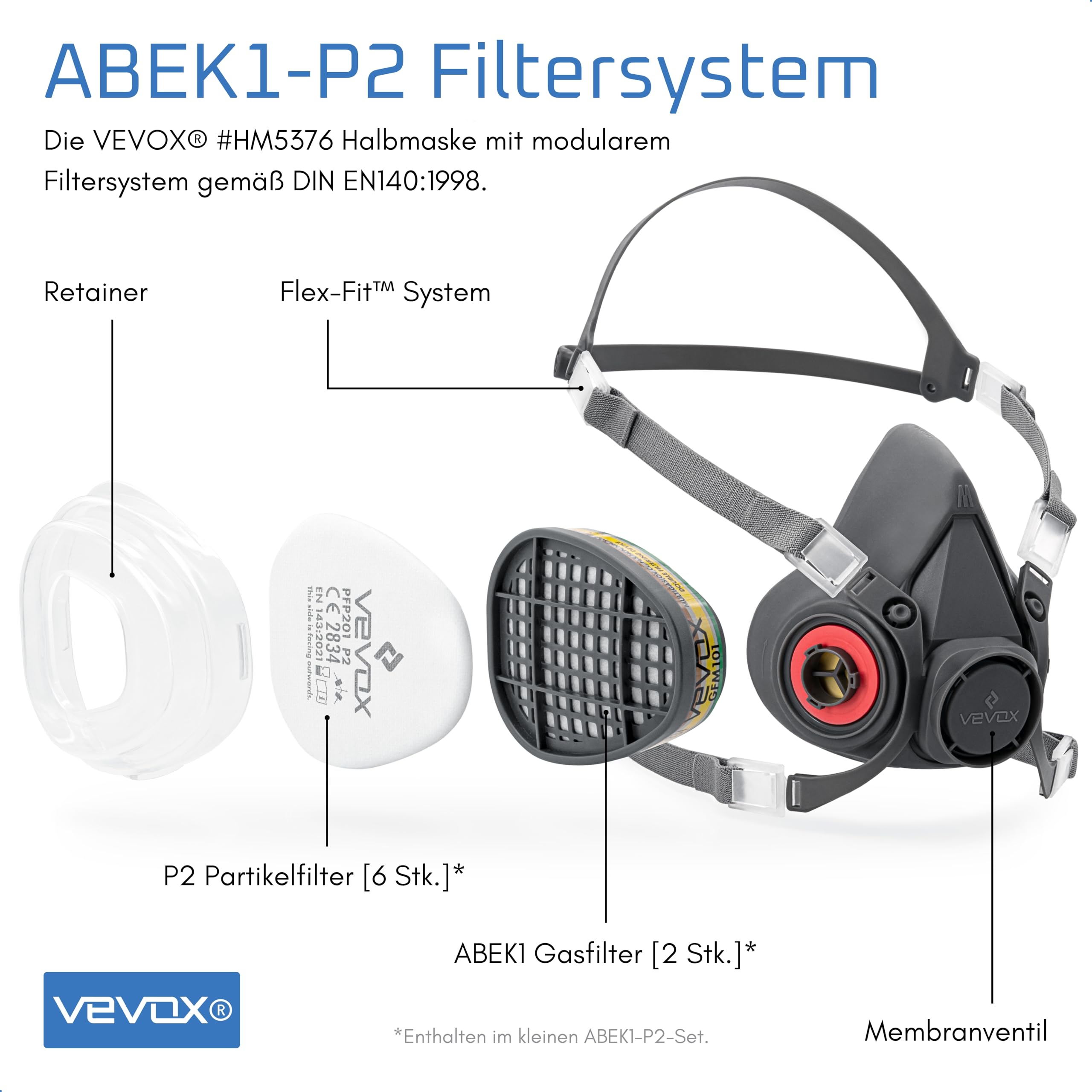 VEVOX® Atemschutzmaske – ABEK1P2 Filter – Schutz gegen Feinstaub, Gase & Dämpfe – Zum Lackieren, Schleifen & Sanieren – Gasmaske, Staubmaske & Lackiermaske – 6x P2 & 2x ABEK1 Filter