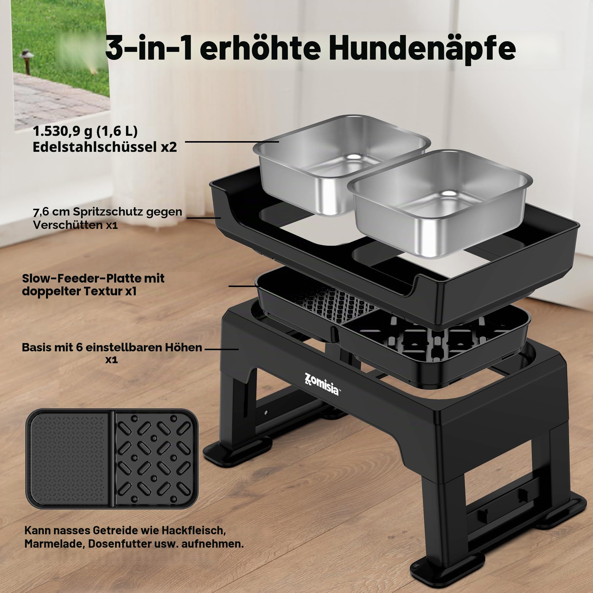 ZOMISIA 3-in-1 Hundenapf erhöht – 6 Höhenverstellbar Antischlingnapf erhöhter Futternapf 17–40cm, Futterstation Hund mit 2 Edelstahlnäpfen 1,6L, Slow Feeder Teller, für kleine, mittlere & große Hunde