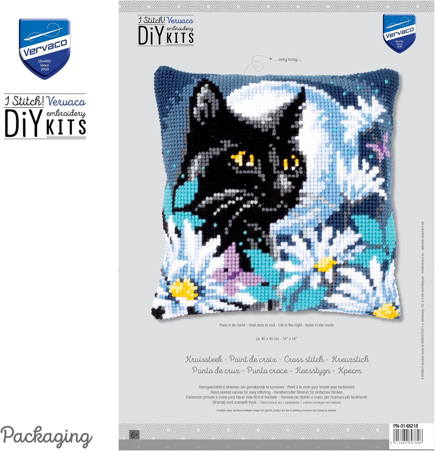Vervaco Cross Stitch Embroidery Kits Pillow Front for Self-Embroidery with Embroidery Pattern on 100% Cotton and Embroidery Thread, 15,75 x 15,75 Inches - 40 x 40 cm, Night Cat