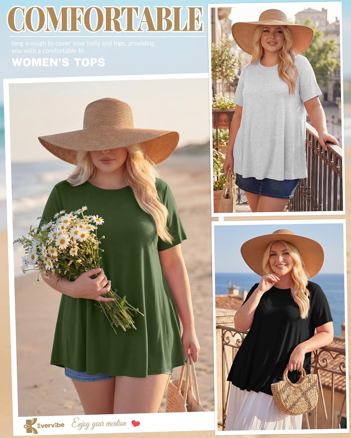 3 Pack Women's Plus Size Tunic Top Short Sleeve Long Shirts Summer Loose Fit Flowy Blouse Wear with Leggings - Image 2