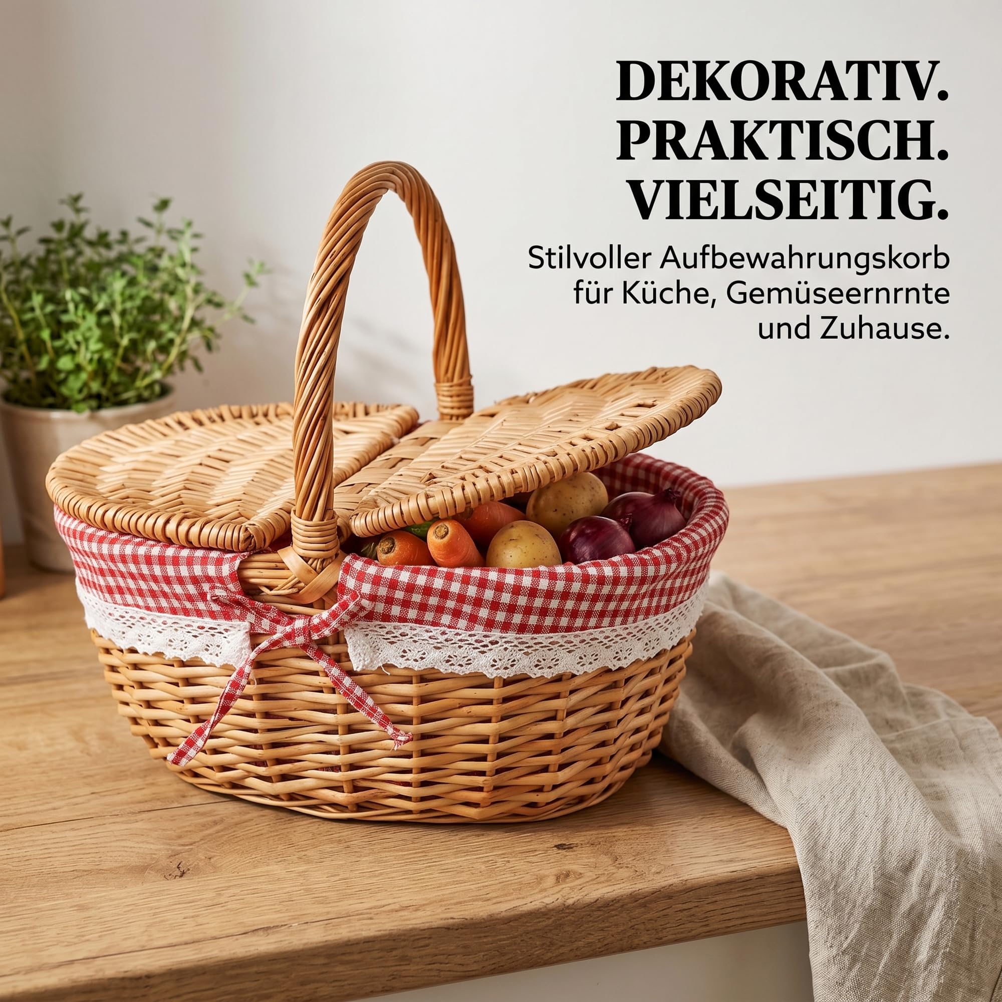 Picknickkorb mit Deckel, großer Weidenkorb mit henkel und Liner,34x23x17cm