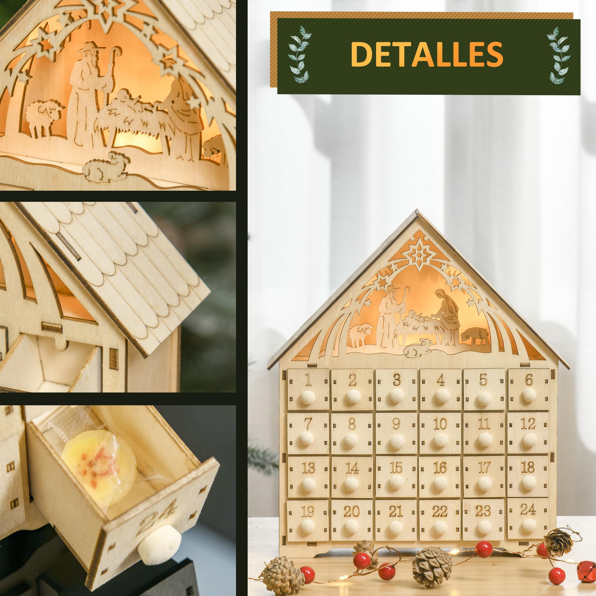 HOMCOM Calendario de Adviento Madera con Luces 24 Cajas Navidad 26,6x6x30 cm Natural