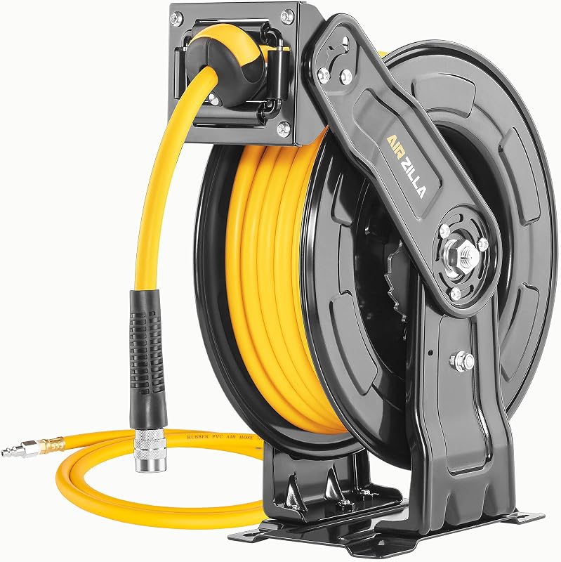 Carrete de manguera de aire retráctil de acero de primera calidad con brazo doble, manguera de polímero híbrido de 3/8"x65 pies, carrete de manguera de aire de alta resistencia incluido Carrete de rebobinado automático | Acoplador de aire rápido | Marco duradero de doble cara