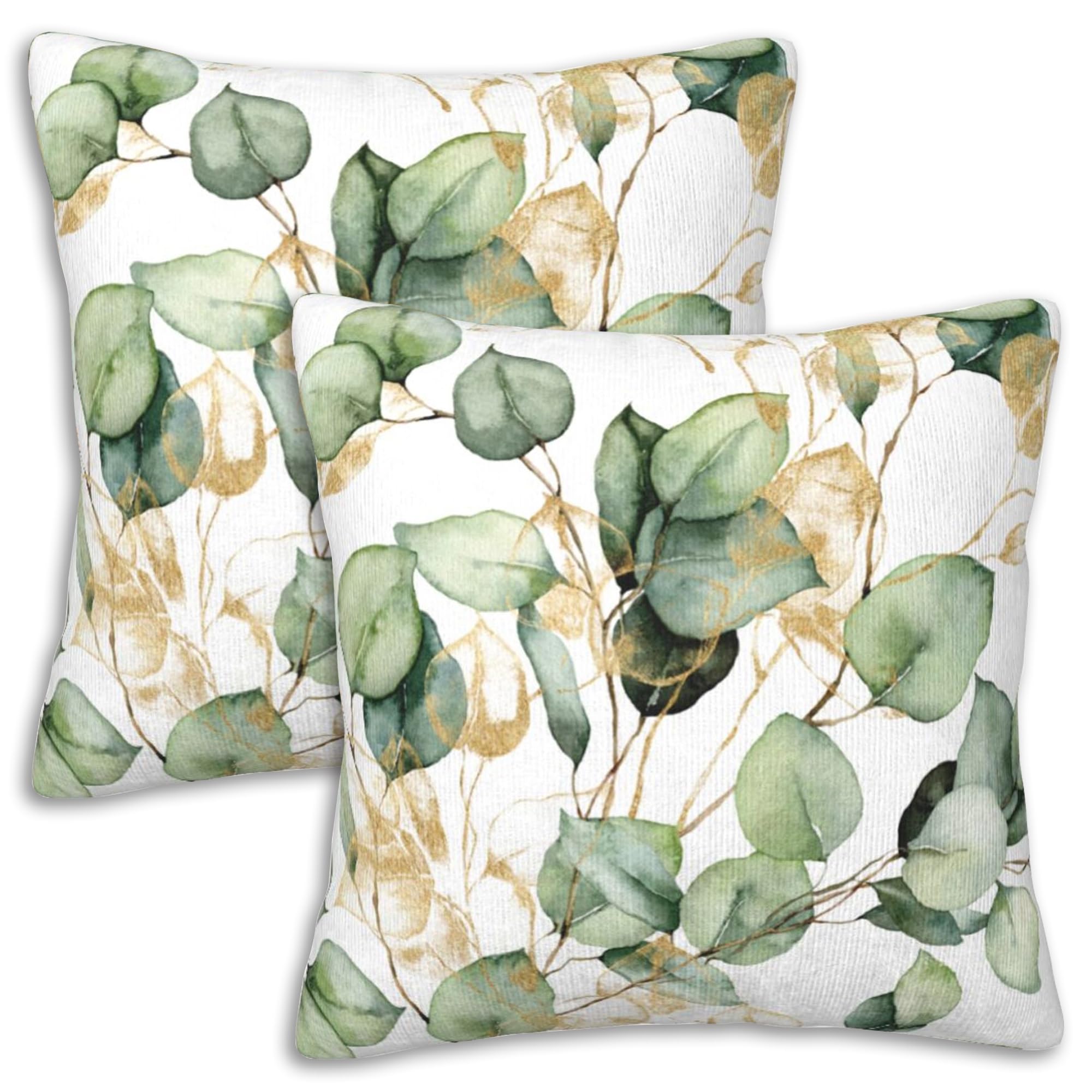 Foisiiaea Watercolor Gold And Green Leaves Set Of 2 Throw Pillow Covers Soft Eucalyptus Leaf Pillow Cases 18X18 Inch Modern Home Decor Pillow Covers For Couch Bed Sofa