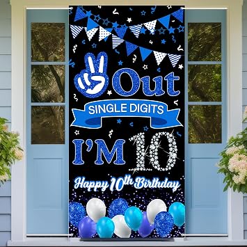 Out Single Digits Im 10 Door Banner Blue Happy 10th Birthday Party Sign for Boys Ten Years Old Birthday Party Decoration Supplies 10th Birthday Party Poster Background Photo Booth Props