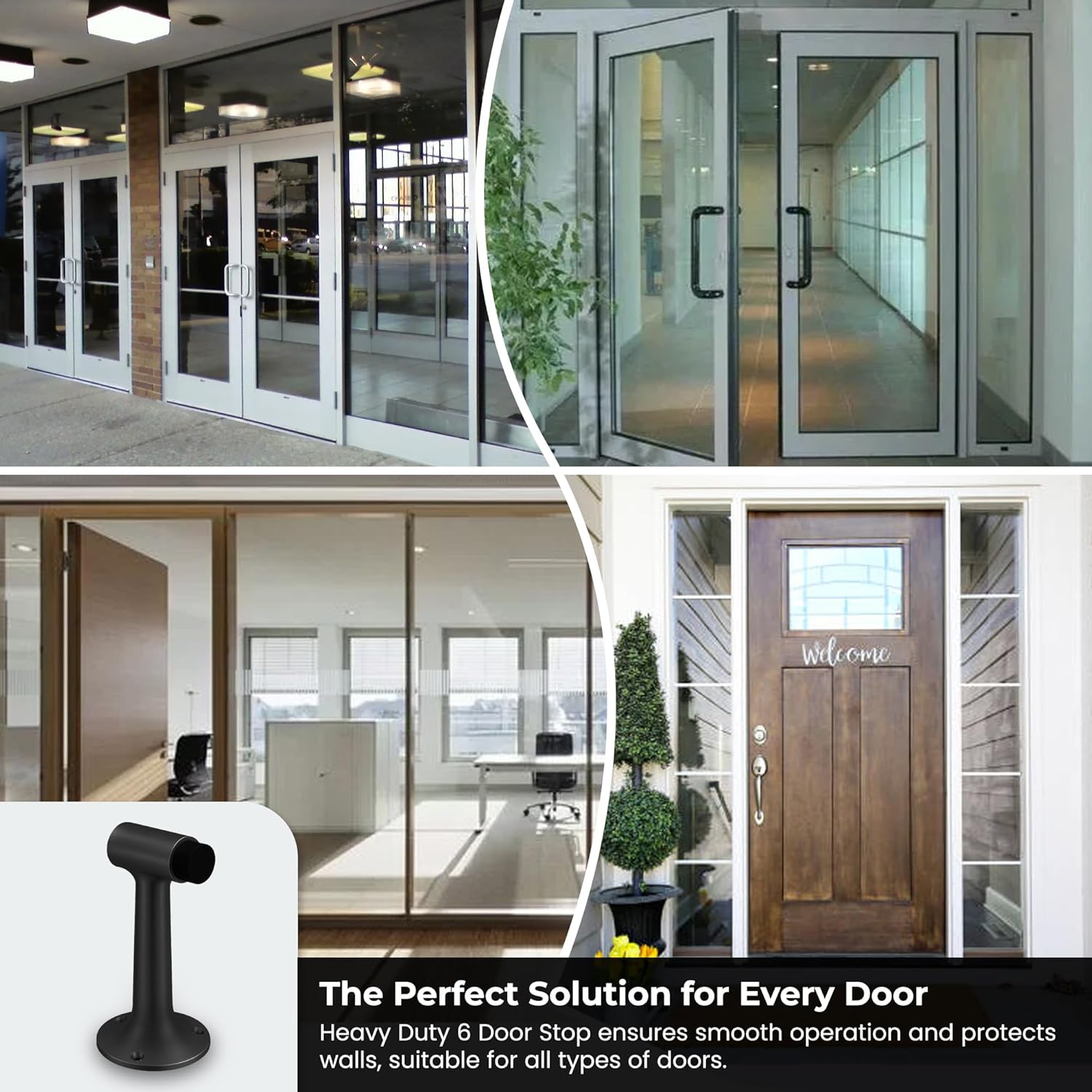 Heavy Duty 6″ Door Stop, Solid Brass Commercial Grade, Floor Mount Stopper (Matte Black)